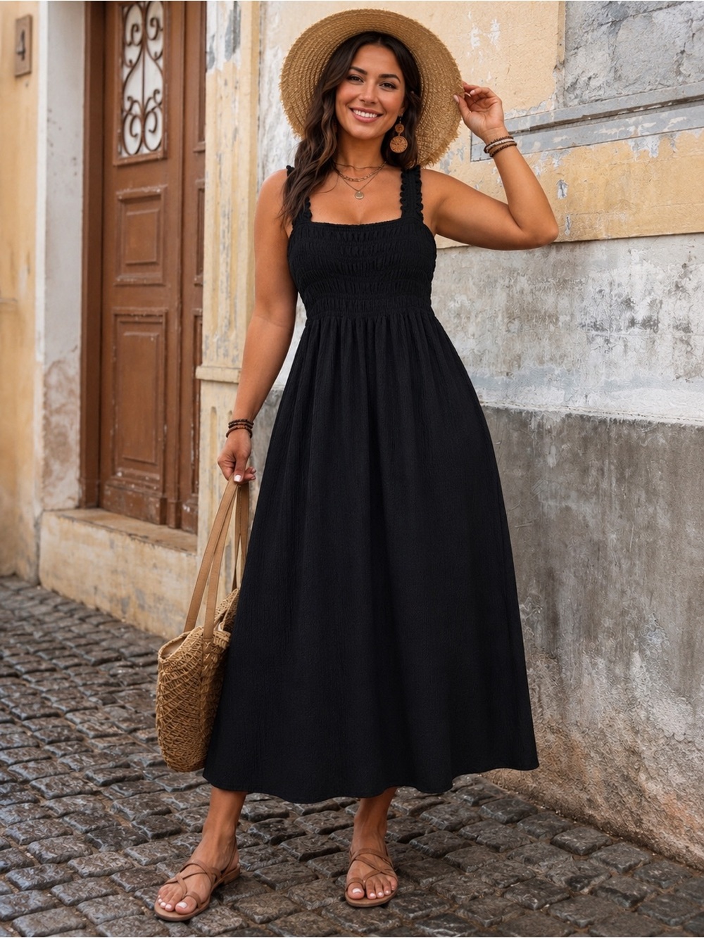 H&M Black Smocked Strappy Midi Dress Sz XL Coastal Cowgirl Summer Dress